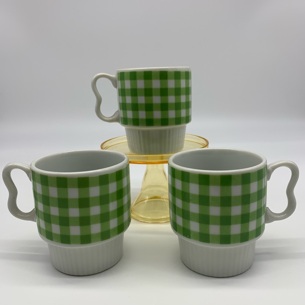 Vintage green gingham mugs